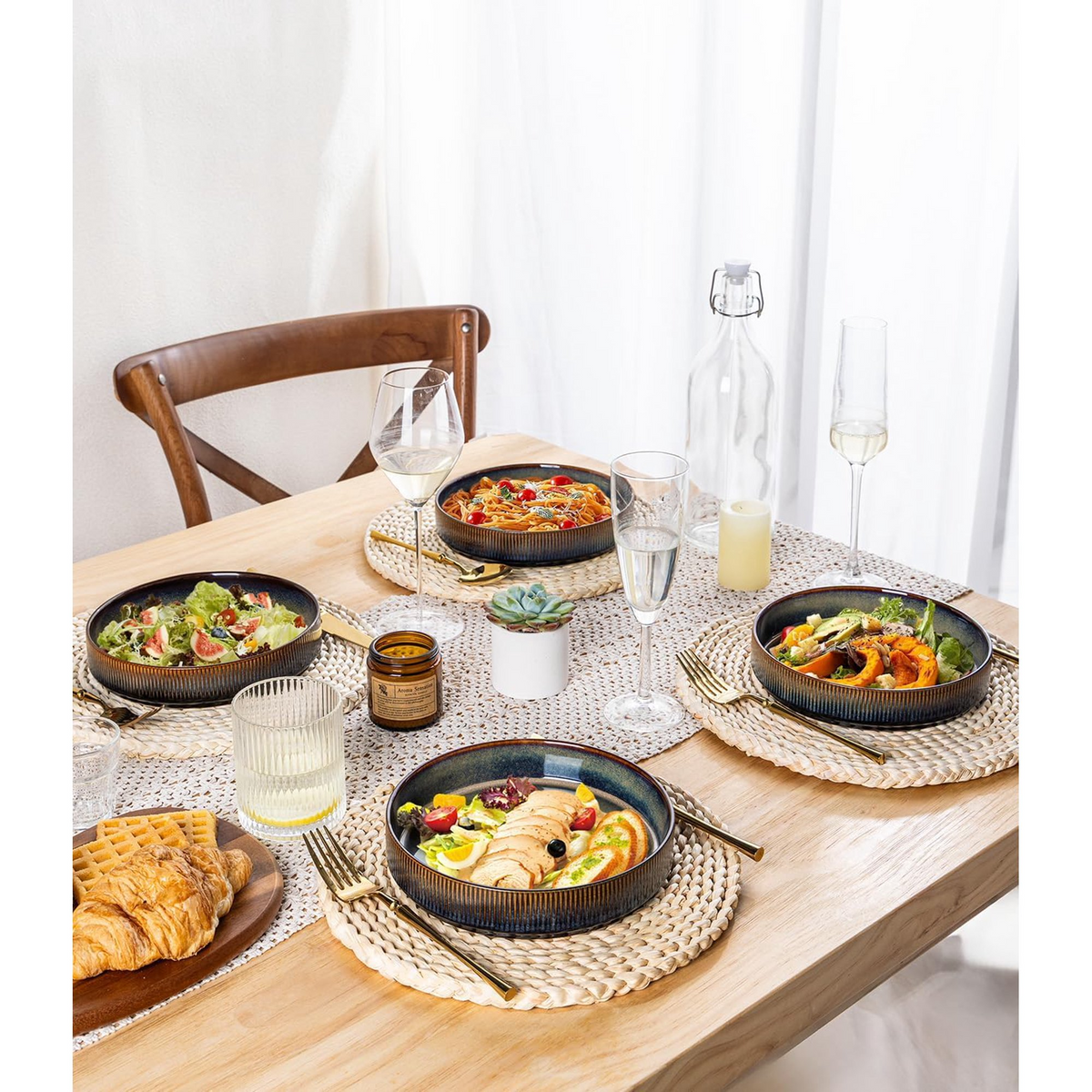 Theterra 7.5'' Ceramic Pasta Bowls, Salad Bowls Set of 4, Stoneware Serving Bowls for Fruits, Noodle, Dinner, House-warming Wedding Present, Coca Mocha