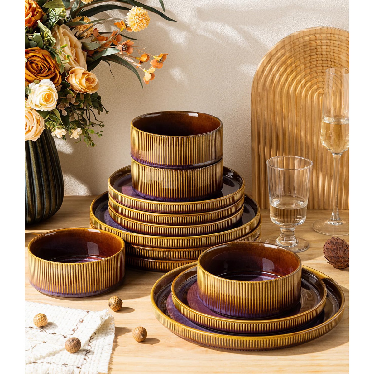 TheTerra Ceramic Dinnerware Sets for 4, 12 Pieces Porcelain Lightweight Plates and Bowls Sets, Scratch Resistant Dish Set, Oven & Microwave & Dishwasher Safe, Amber Amethyst