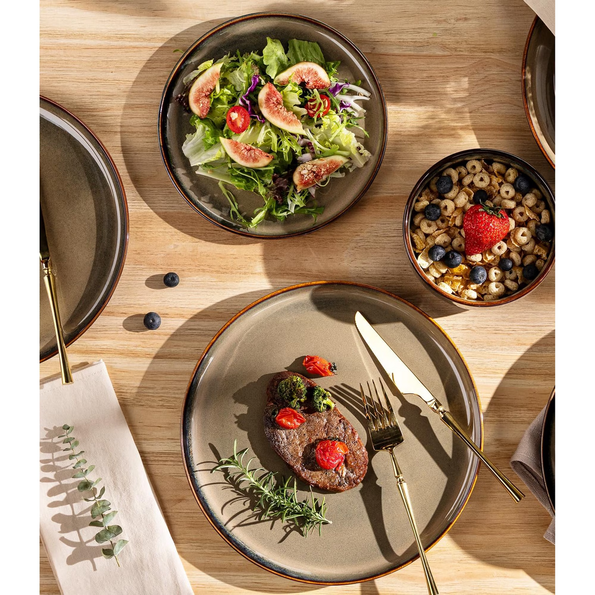 TheTerra Ceramic Dinnerware Sets for 4, 12 Pieces Handmade Reactive Glaze Plates and Bowls Set, Scratch Resistant Dish Set, Oven & Microwave & Dishwasher Safe, Coca Mocha
