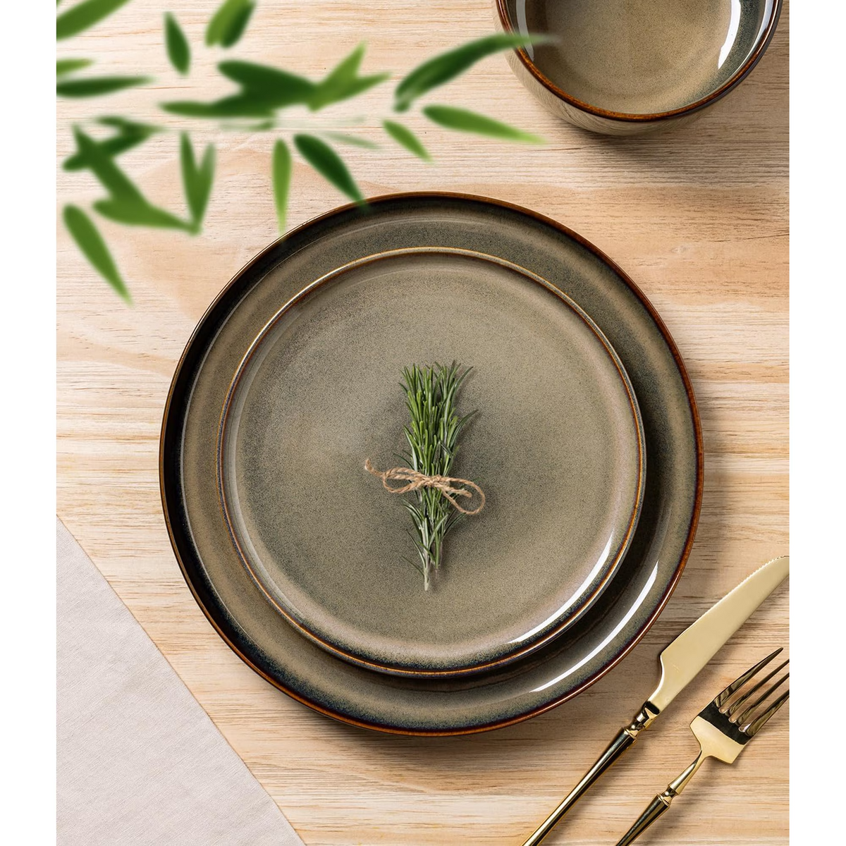 TheTerra Ceramic Dinnerware Sets for 4, 12 Pieces Handmade Reactive Glaze Plates and Bowls Set, Scratch Resistant Dish Set, Oven & Microwave & Dishwasher Safe, Coca Mocha