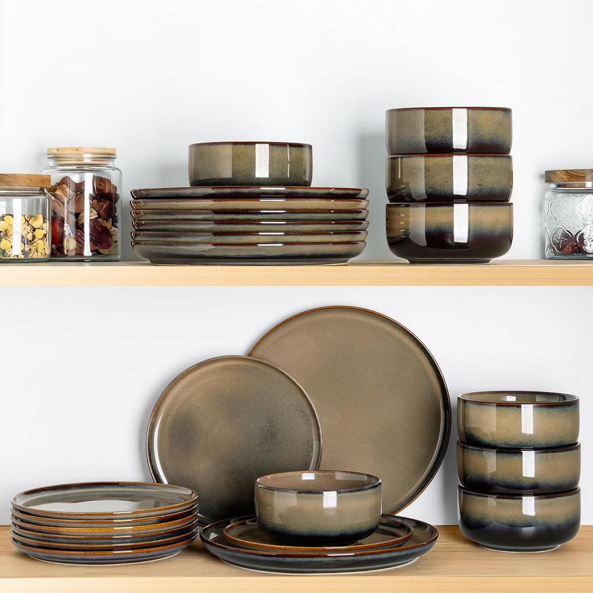 TheTerra Ceramic Dinnerware Sets for 6, 18 Pieces Handmade Reactive Glaze Plates and Bowls Set, Scratch Resistant Dish Set, Oven & Microwave & Dishwasher Safe, Coca Mocha