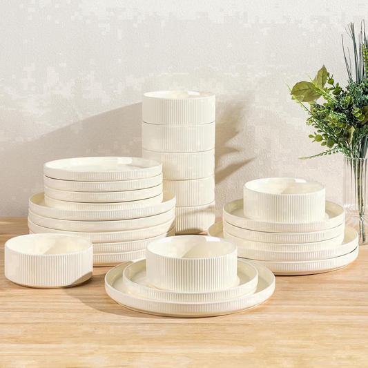 TheTerra Ceramic Dinnerware Sets for 8, 24 Pieces Porcelain Lightweight Plates and Bowls Sets, Scratch Resistant Dish Set, Oven & Microwave & Dishwasher Safe, Beige