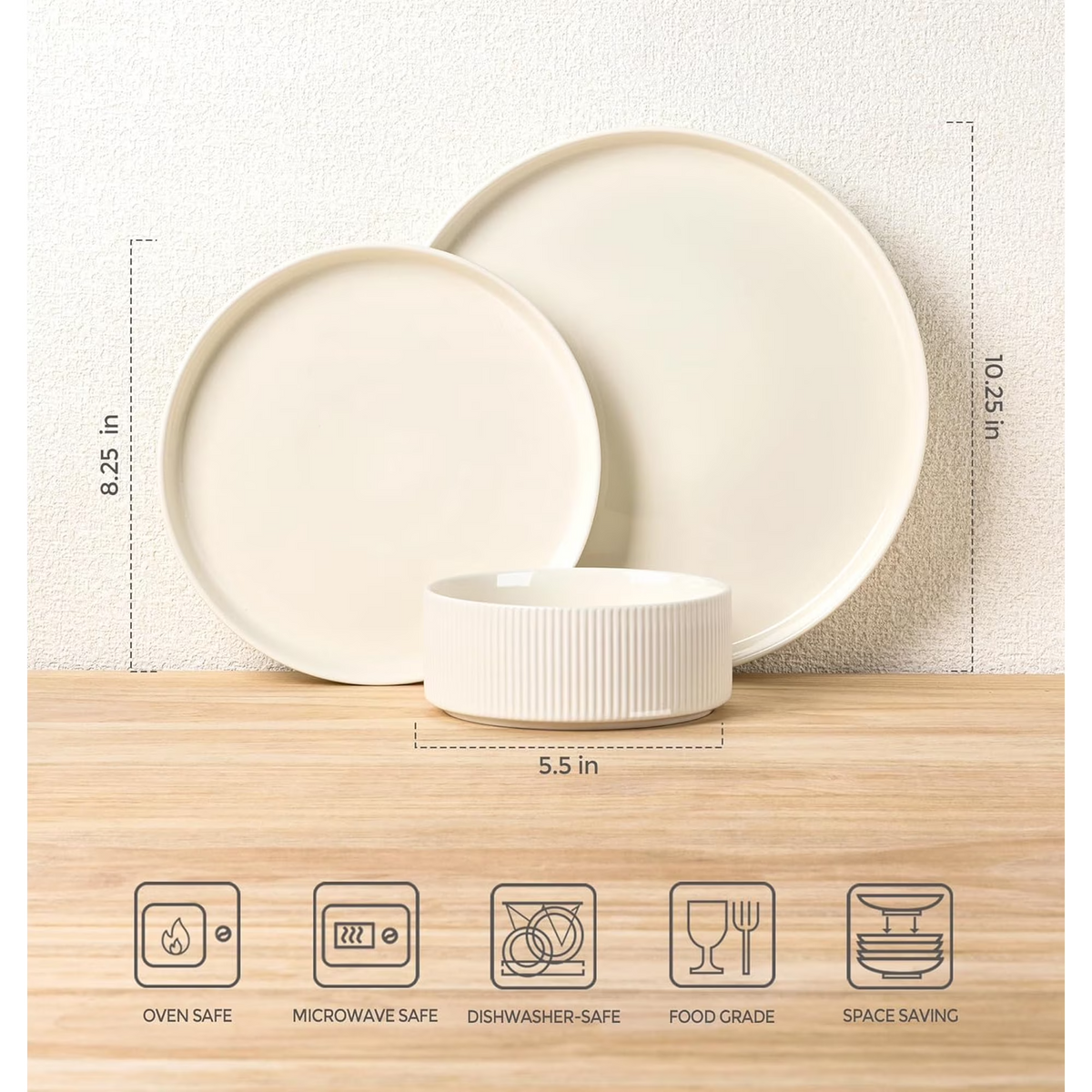 TheTerra Ceramic Dinnerware Sets for 8, 24 Pieces Porcelain Lightweight Plates and Bowls Sets, Scratch Resistant Dish Set, Oven & Microwave & Dishwasher Safe, Beige