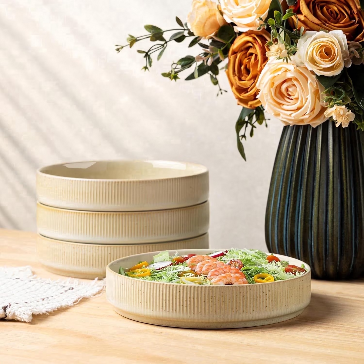 Theterra 7.5'' Ceramic Pasta Bowls, Salad Bowls Set of 4, Stoneware Serving Bowls for Fruits, Noodle, Dinner, House-warming Wedding Present, Cappuccino
