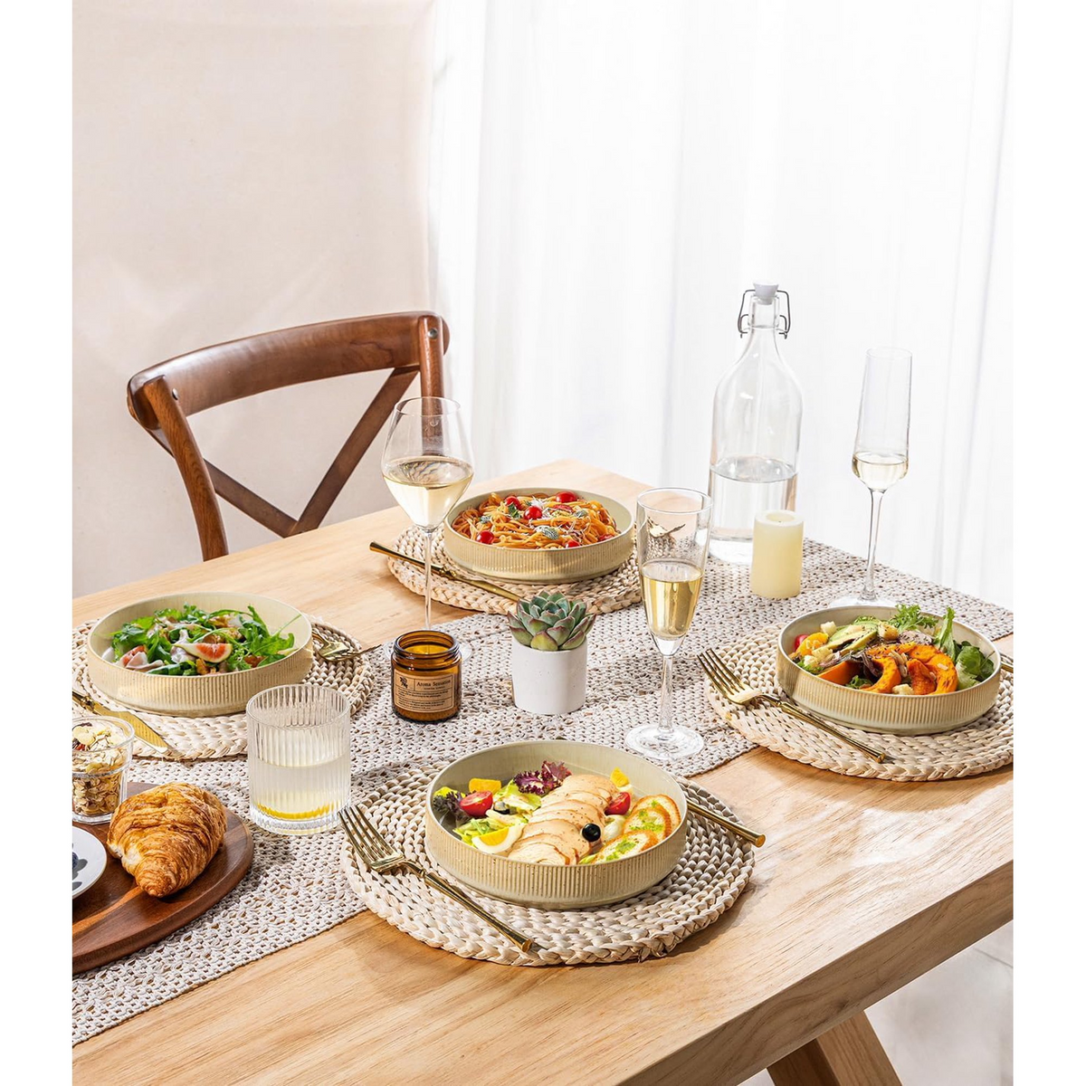 Theterra 7.5'' Ceramic Pasta Bowls, Salad Bowls Set of 4, Stoneware Serving Bowls for Fruits, Noodle, Dinner, House-warming Wedding Present, Cappuccino