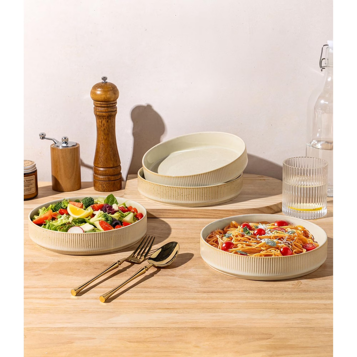 Theterra 7.5'' Ceramic Pasta Bowls, Salad Bowls Set of 4, Stoneware Serving Bowls for Fruits, Noodle, Dinner, House-warming Wedding Present, Cappuccino