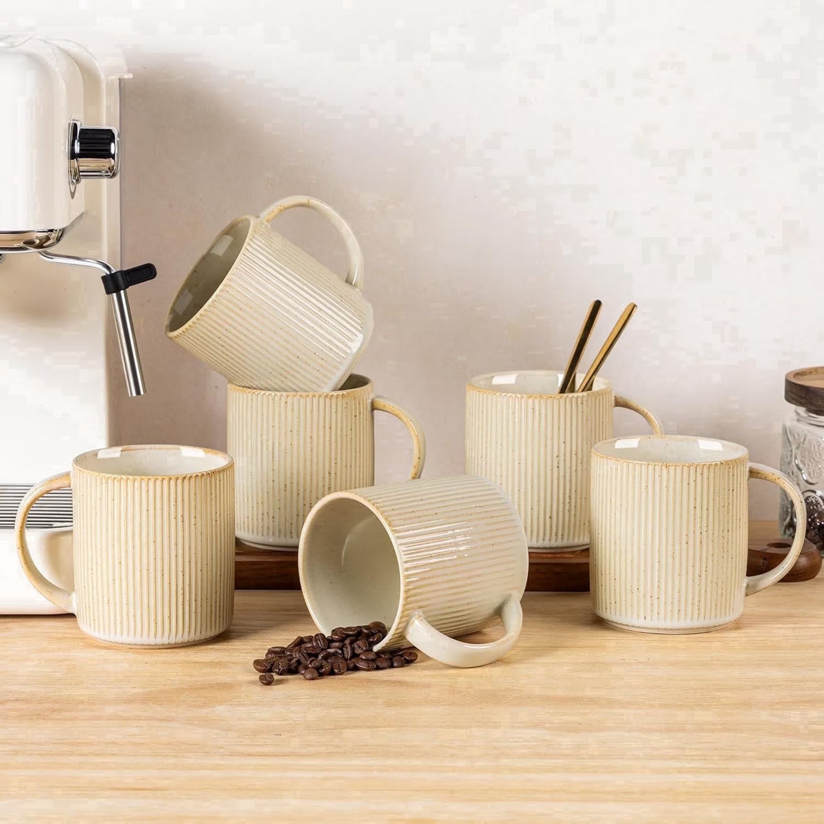 Theterra Ceramic Coffee Mugs Set of 6, 14.2oz Handmade Coffee Cups with Handle for Latte, Tea, Milk, Beer, Hot Cocoa, Cappuccino