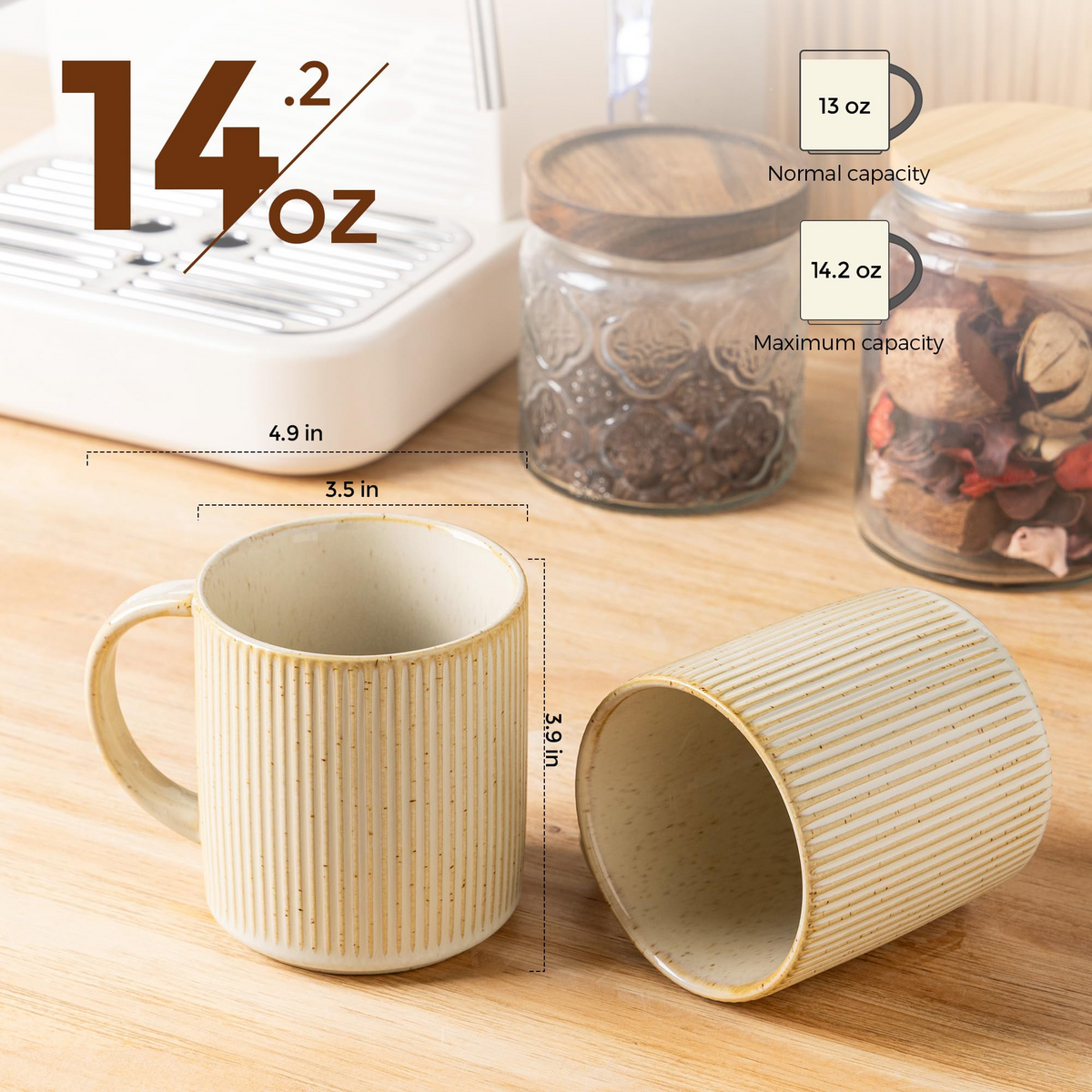 Theterra Ceramic Coffee Mugs Set of 6, 14.2oz Handmade Coffee Cups with Handle for Latte, Tea, Milk, Beer, Hot Cocoa, Cappuccino