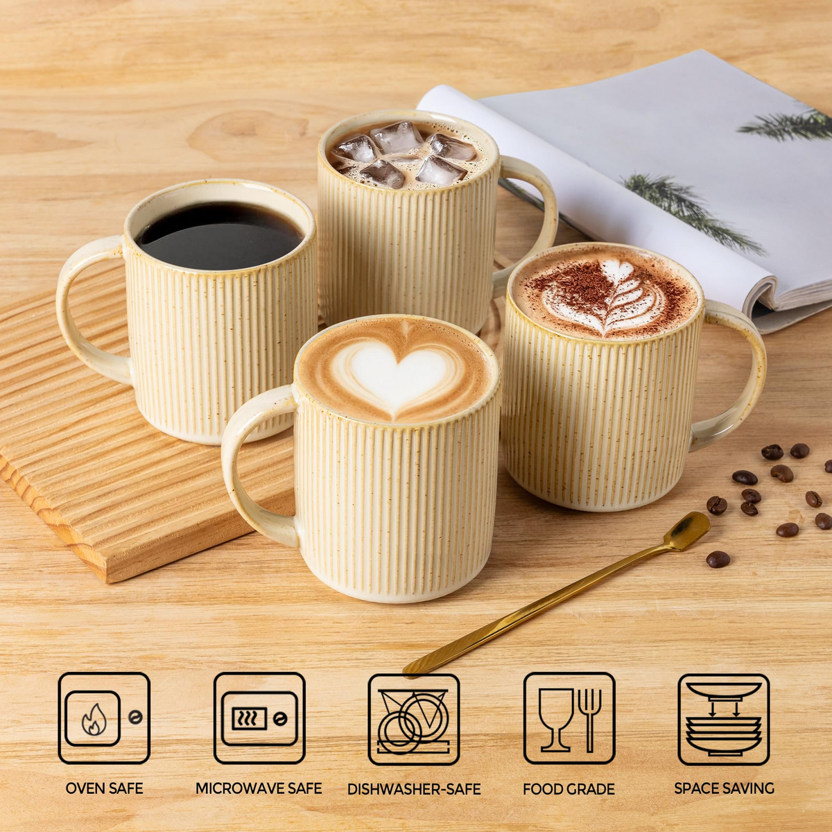 Theterra Ceramic Coffee Mugs Set of 6, 14.2oz Handmade Coffee Cups with Handle for Latte, Tea, Milk, Beer, Hot Cocoa, Cappuccino