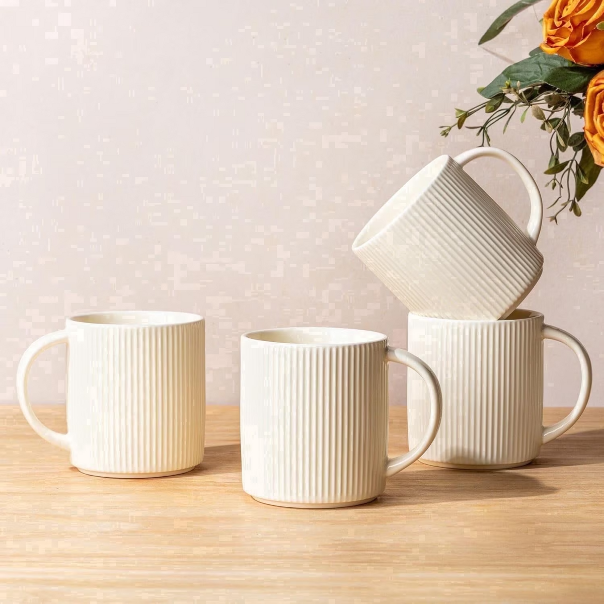 Theterra Ceramic Coffee Mugs Set of 4, 14.2oz Handmade Coffee Cups with Handle for Latte, Tea, Milk, Beer, Hot Cocoa, Beige