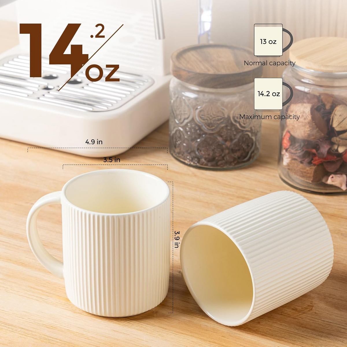 Theterra Ceramic Coffee Mugs Set of 4, 14.2oz Handmade Coffee Cups with Handle for Latte, Tea, Milk, Beer, Hot Cocoa, Beige
