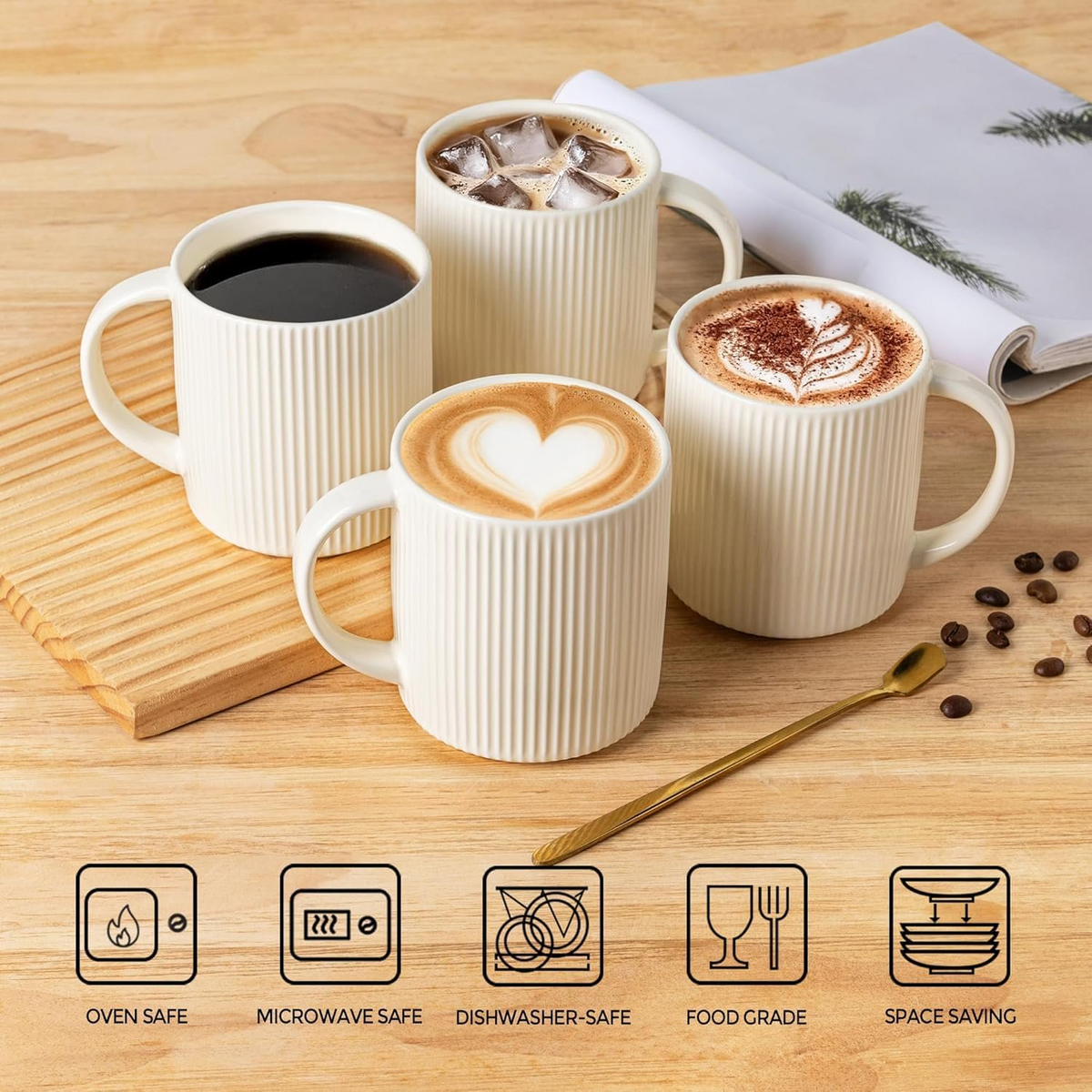 Theterra Ceramic Coffee Mugs Set of 4, 14.2oz Handmade Coffee Cups with Handle for Latte, Tea, Milk, Beer, Hot Cocoa, Beige