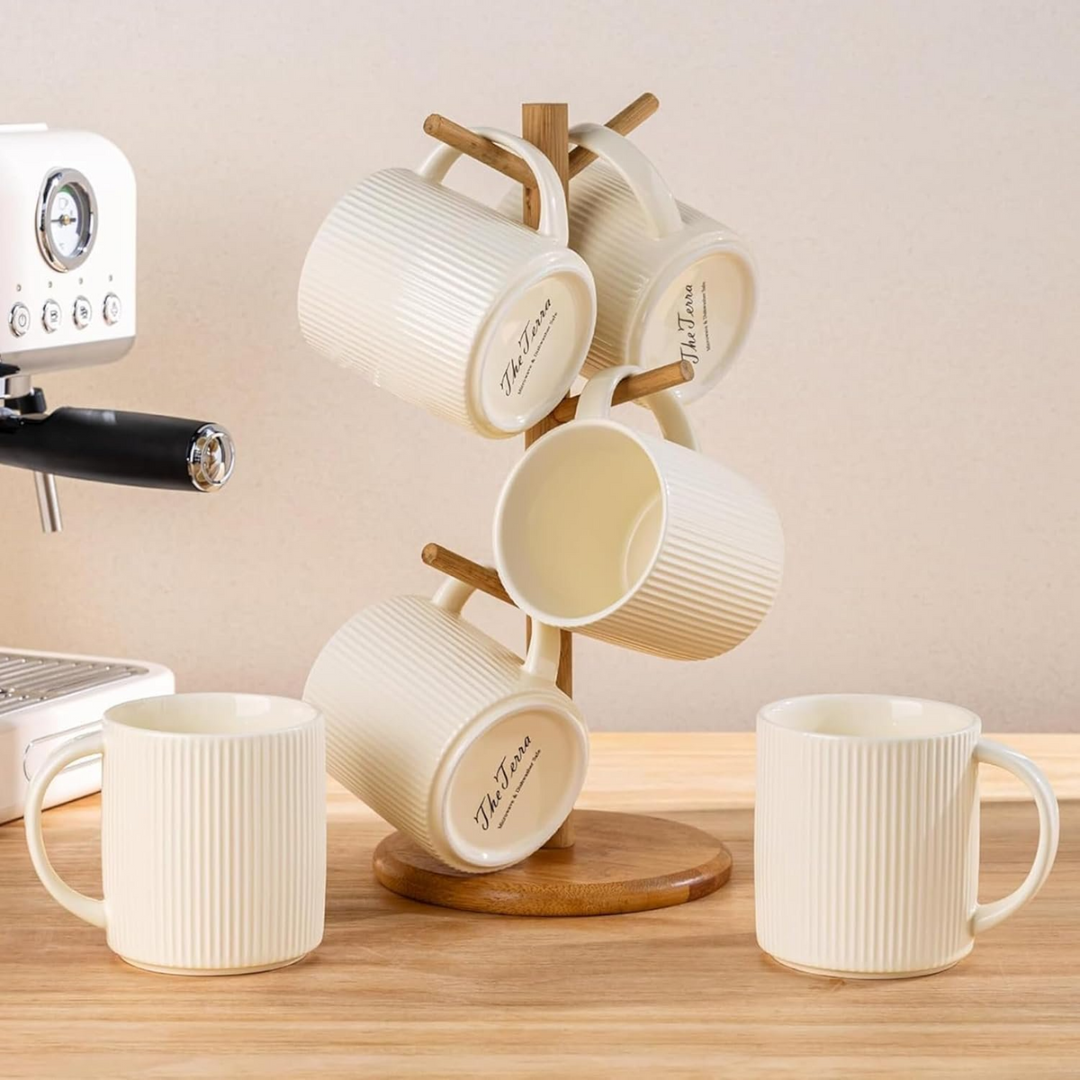 Theterra Ceramic Coffee Mugs Set of 4, 14.2oz Handmade Coffee Cups with Handle for Latte, Tea, Milk, Beer, Hot Cocoa, Beige