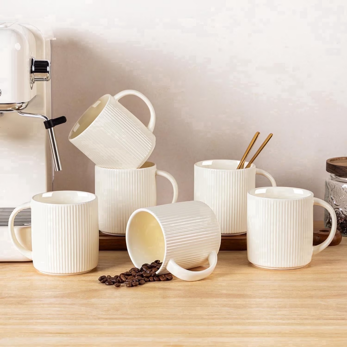 Theterra Ceramic Coffee Mugs Set of 6, 14.2oz Handmade Coffee Cups with Handle for Latte, Tea, Milk, Beer, Hot Cocoa, Beige