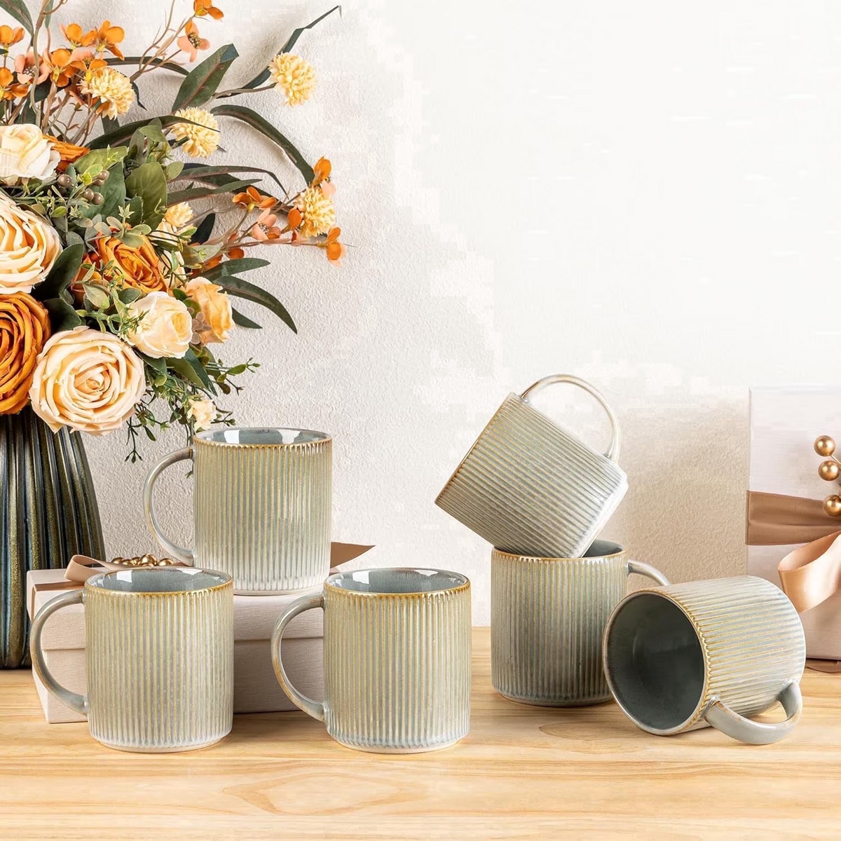 Theterra Ceramic Coffee Mugs Set of 6, 14.2oz Handmade Coffee Cups with Handle for Latte, Tea, Milk, Beer, Hot Cocoa, Desert Sage