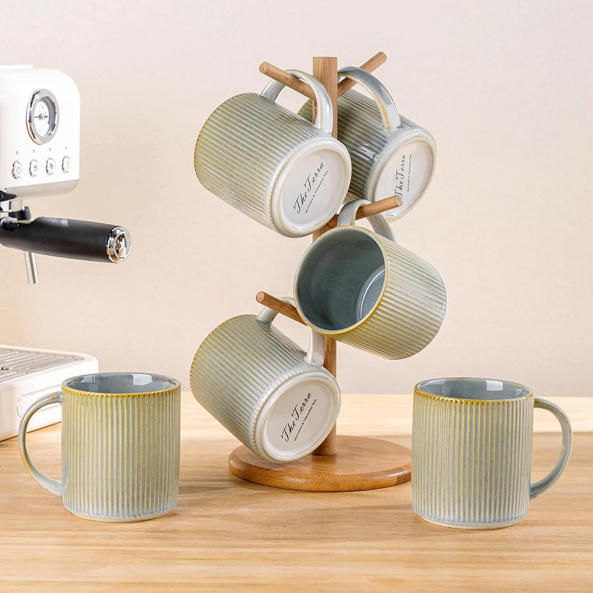 Theterra Ceramic Coffee Mugs Set of 6, 14.2oz Handmade Coffee Cups with Handle for Latte, Tea, Milk, Beer, Hot Cocoa, Desert Sage