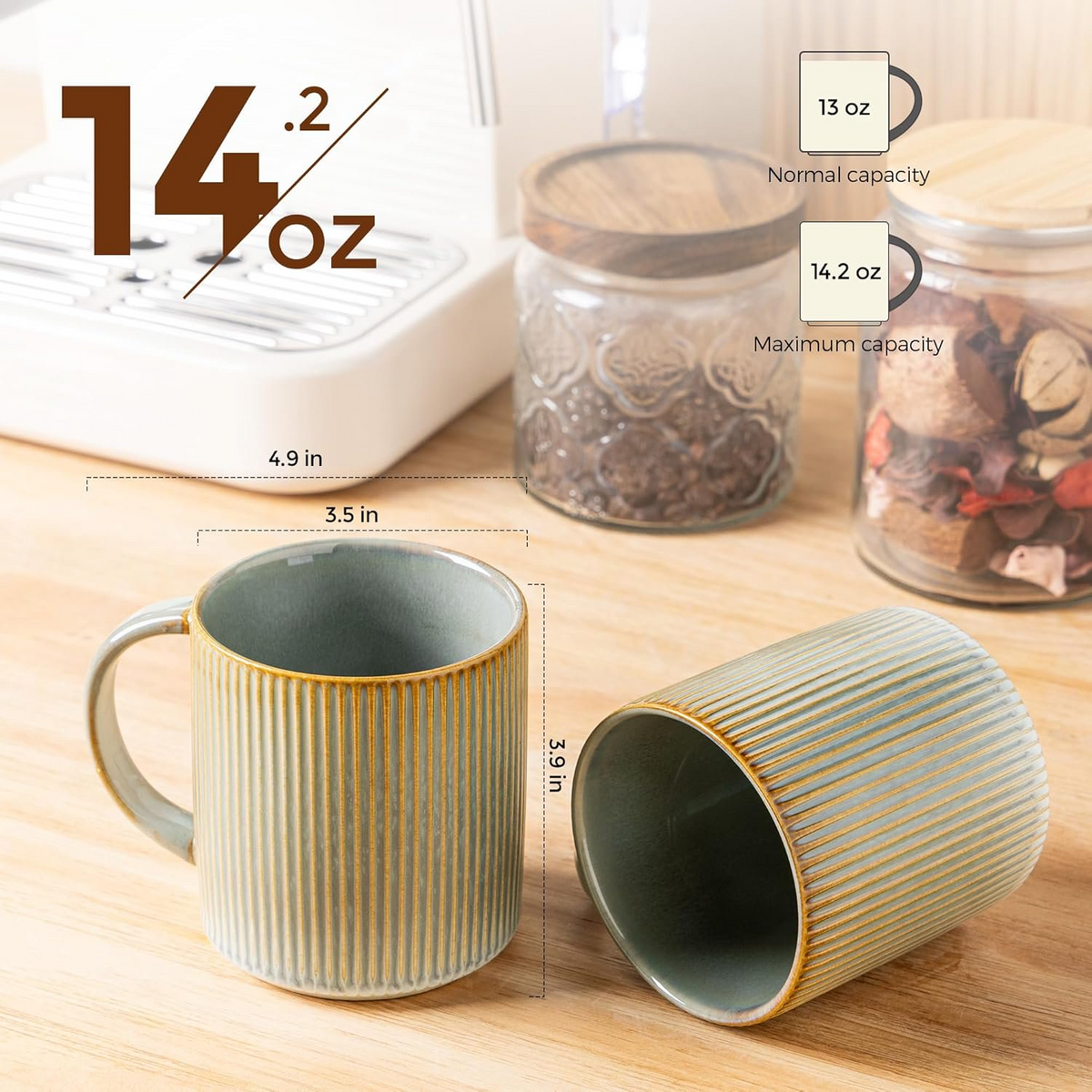 Theterra Ceramic Coffee Mugs Set of 6, 14.2oz Handmade Coffee Cups with Handle for Latte, Tea, Milk, Beer, Hot Cocoa, Desert Sage