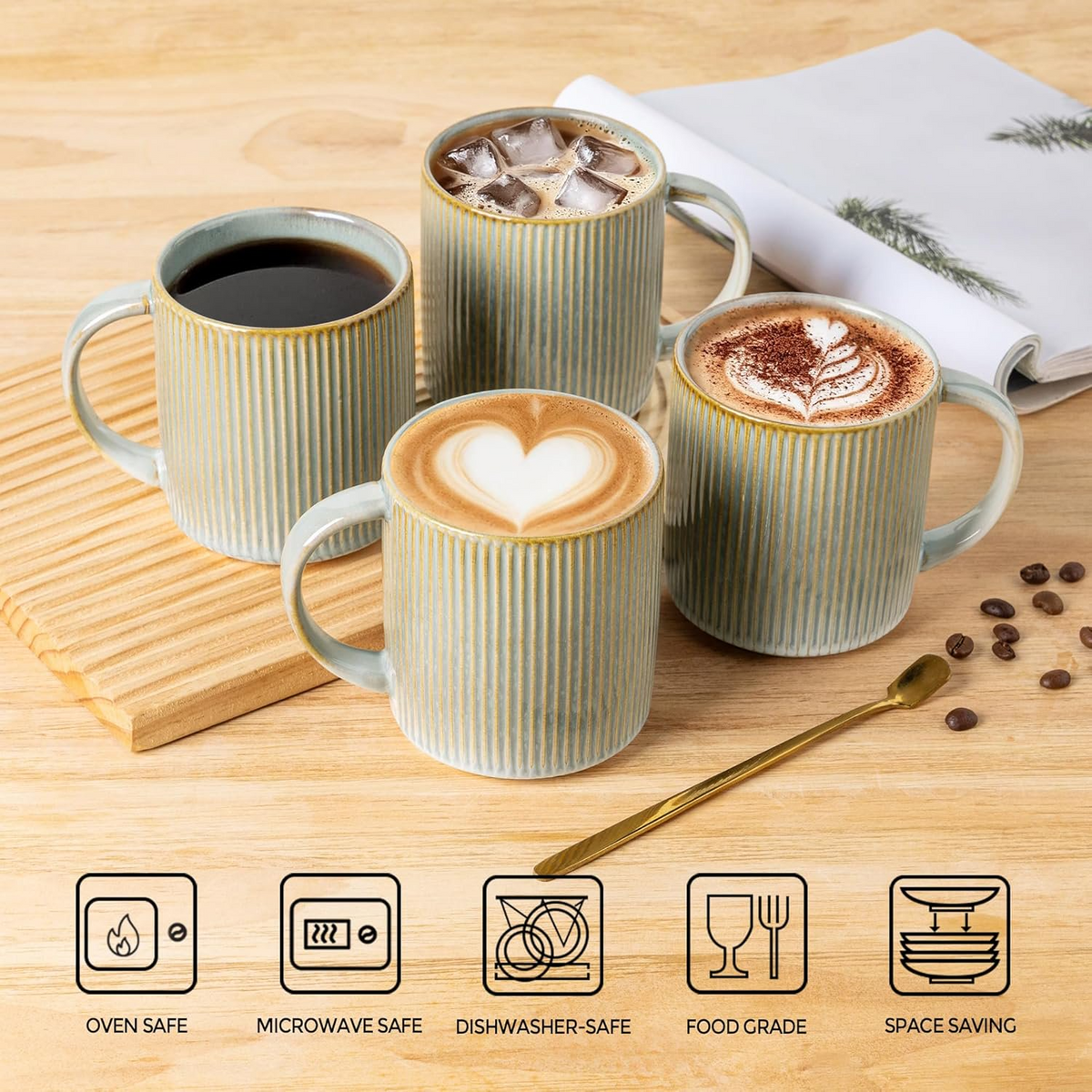 Theterra Ceramic Coffee Mugs Set of 6, 14.2oz Handmade Coffee Cups with Handle for Latte, Tea, Milk, Beer, Hot Cocoa, Desert Sage