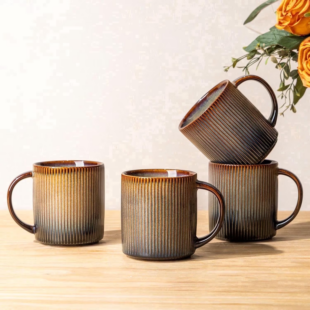 Theterra Ceramic Coffee Mugs Set of 4, 14.2oz Handmade Coffee Cups with Handle for Latte, Tea, Milk, Beer, Hot Cocoa, Coca Mocha