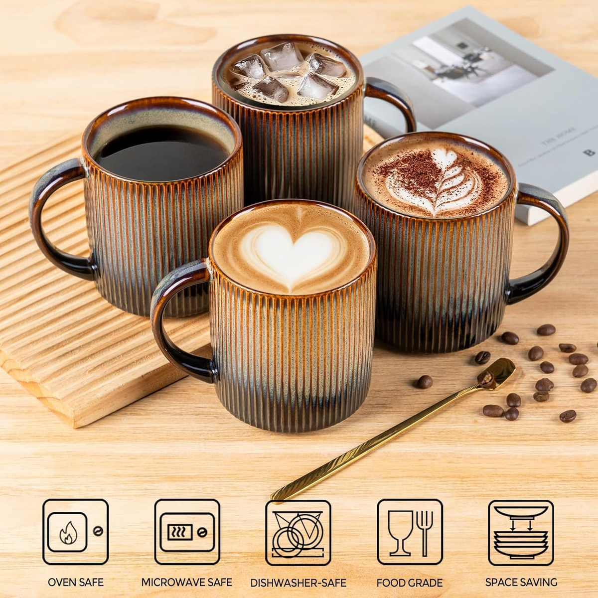 Theterra Ceramic Coffee Mugs Set of 4, 14.2oz Handmade Coffee Cups with Handle for Latte, Tea, Milk, Beer, Hot Cocoa, Coca Mocha