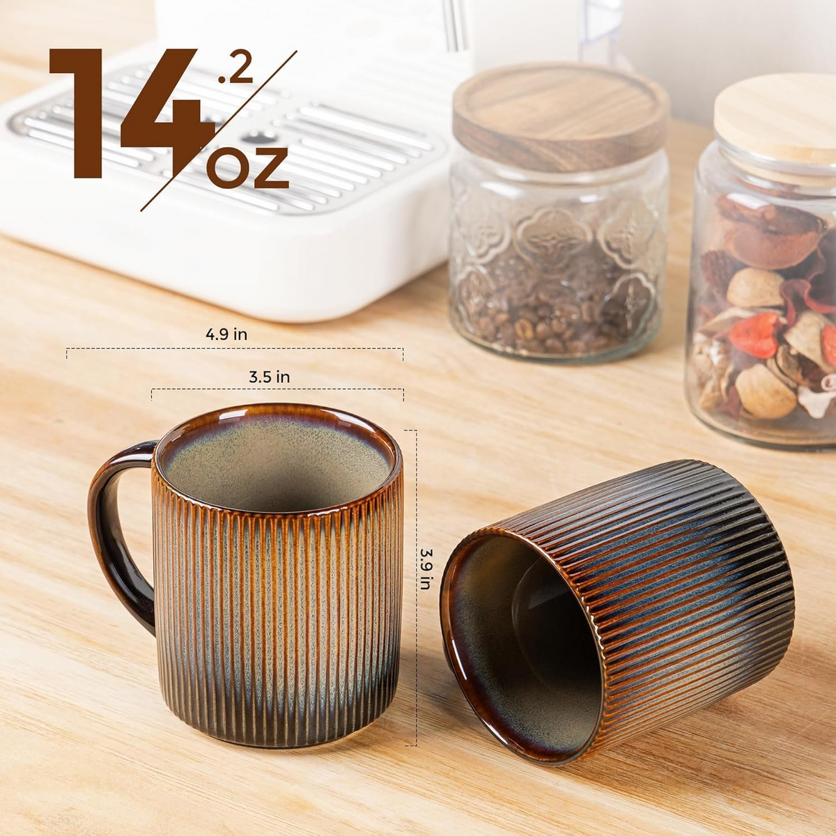 Theterra Ceramic Coffee Mugs Set of 4, 14.2oz Handmade Coffee Cups with Handle for Latte, Tea, Milk, Beer, Hot Cocoa, Coca Mocha