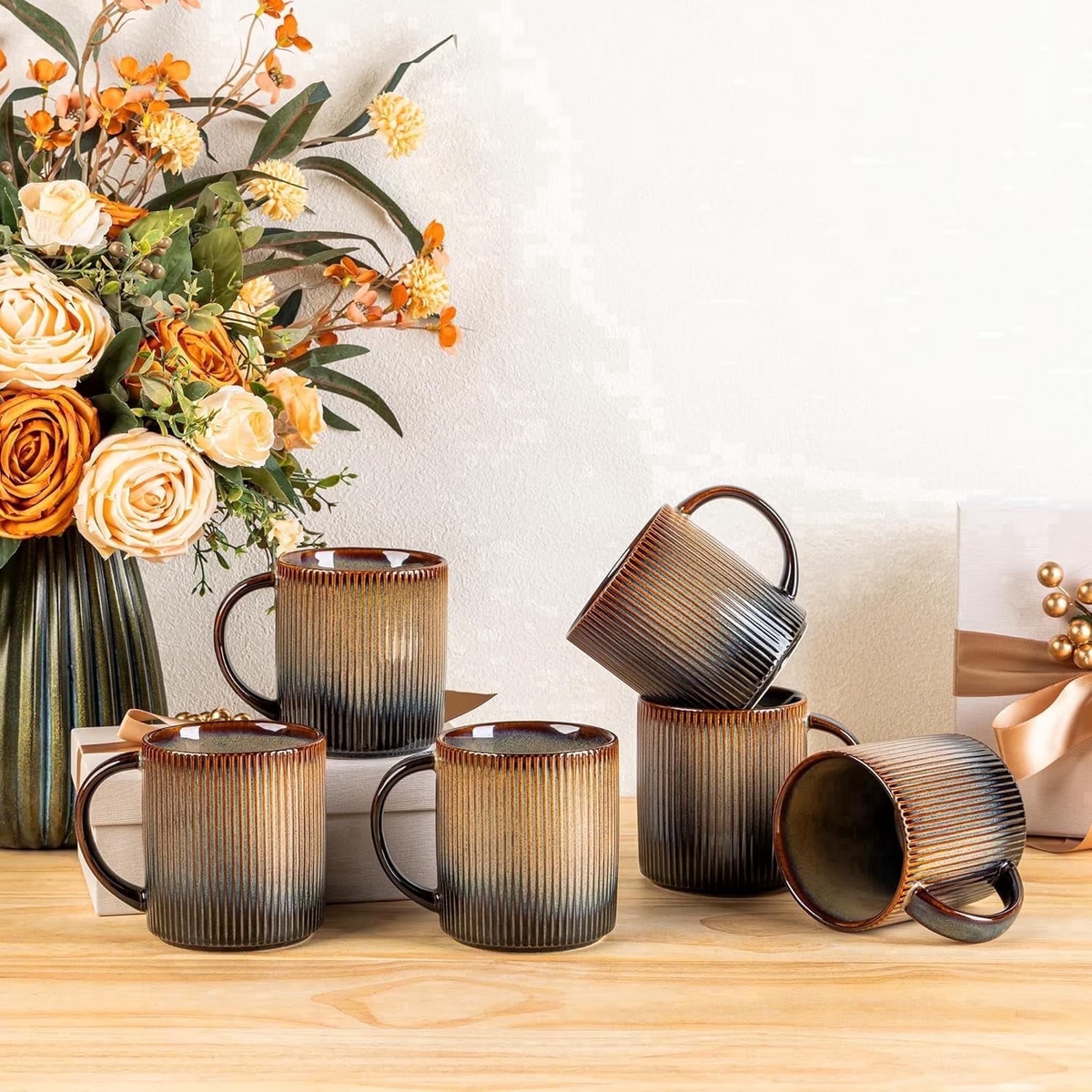 Theterra Ceramic Coffee Mugs Set of 6, 14.2oz Handmade Coffee Cups with Handle for Latte, Tea, Milk, Beer, Hot Cocoa, Coca Mocha