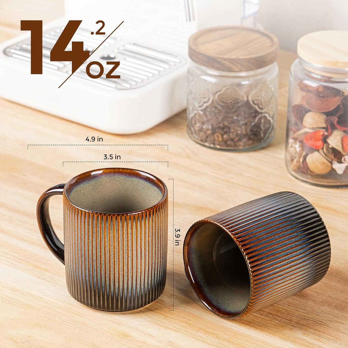 Theterra Ceramic Coffee Mugs Set of 6, 14.2oz Handmade Coffee Cups with Handle for Latte, Tea, Milk, Beer, Hot Cocoa, Coca Mocha