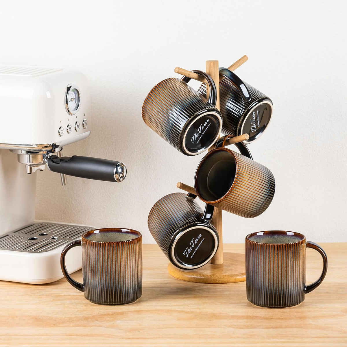 Theterra Ceramic Coffee Mugs Set of 6, 14.2oz Handmade Coffee Cups with Handle for Latte, Tea, Milk, Beer, Hot Cocoa, Coca Mocha