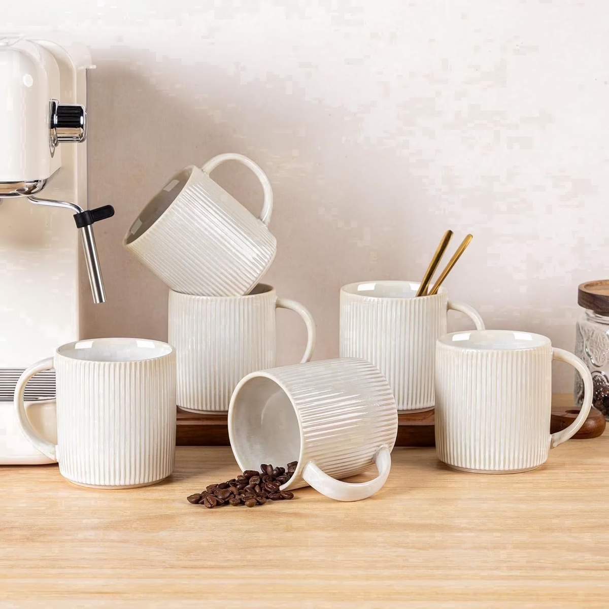 Theterra Ceramic Coffee Mugs Set of 6, 14.2oz Handmade Coffee Cups with Handle for Latte, Tea, Milk, Beer, Hot Cocoa, Reactive White