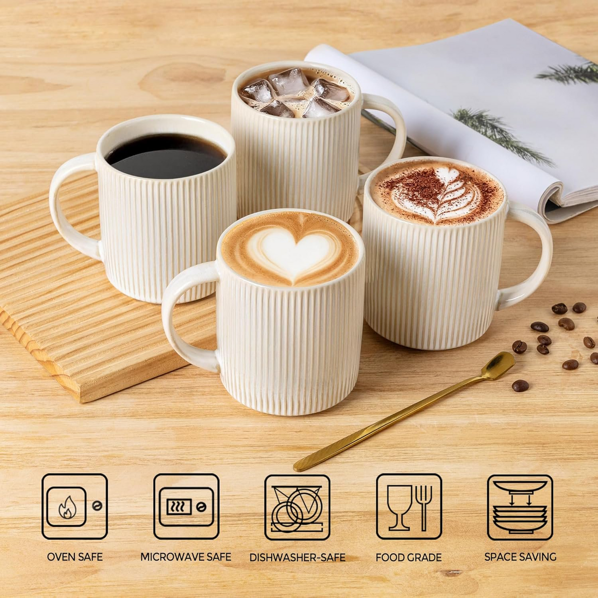 Theterra Ceramic Coffee Mugs Set of 6, 14.2oz Handmade Coffee Cups with Handle for Latte, Tea, Milk, Beer, Hot Cocoa, Reactive White