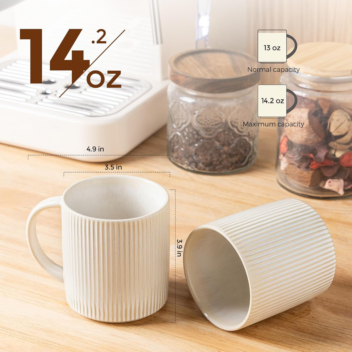 Theterra Ceramic Coffee Mugs Set of 6, 14.2oz Handmade Coffee Cups with Handle for Latte, Tea, Milk, Beer, Hot Cocoa, Reactive White