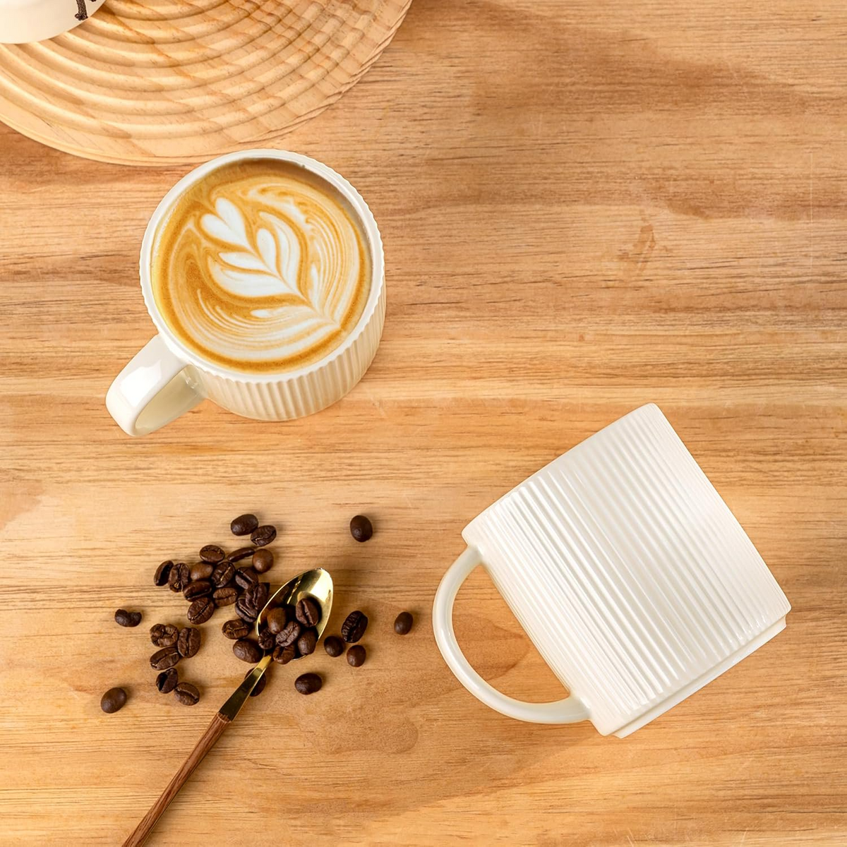 Theterra Ceramic Coffee Mugs Set of 6, 14.2oz Handmade Coffee Cups with Handle for Latte, Tea, Milk, Beer, Hot Cocoa, Reactive White