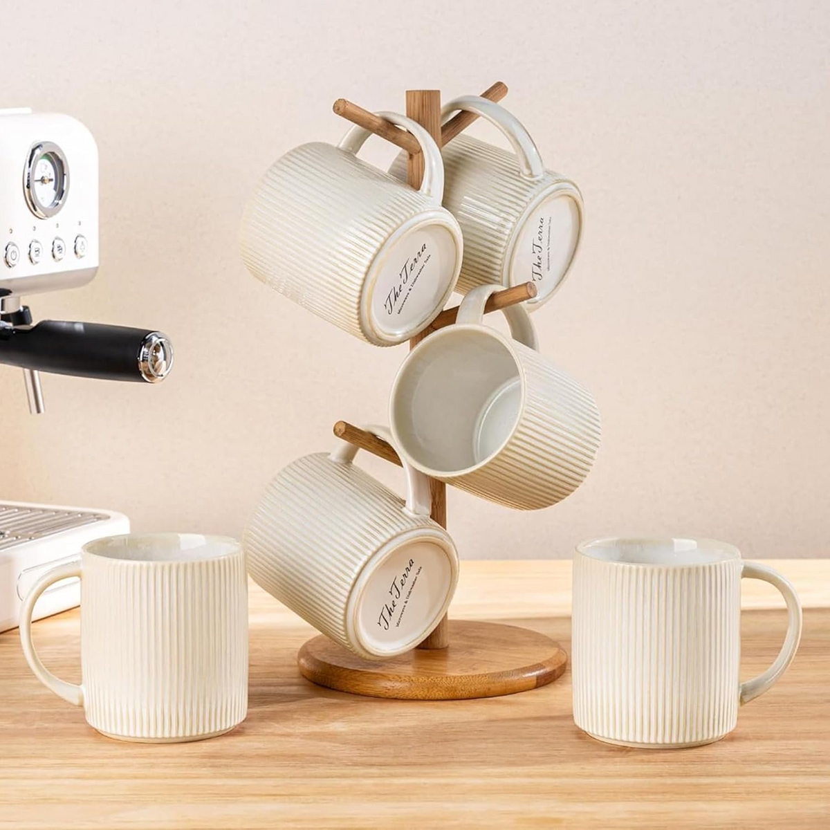 Theterra Ceramic Coffee Mugs Set of 6, 14.2oz Handmade Coffee Cups with Handle for Latte, Tea, Milk, Beer, Hot Cocoa, Reactive White