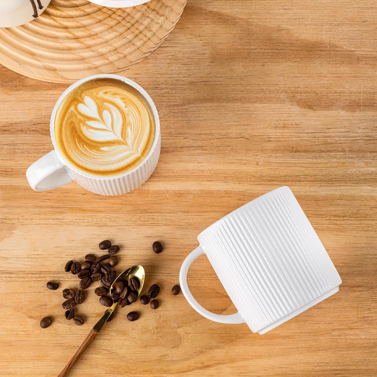 Theterra Ceramic Coffee Mugs Set of 6, 14.2oz Handmade Coffee Cups with Handle for Latte, Tea, Milk, Beer, Hot Cocoa, Bright White