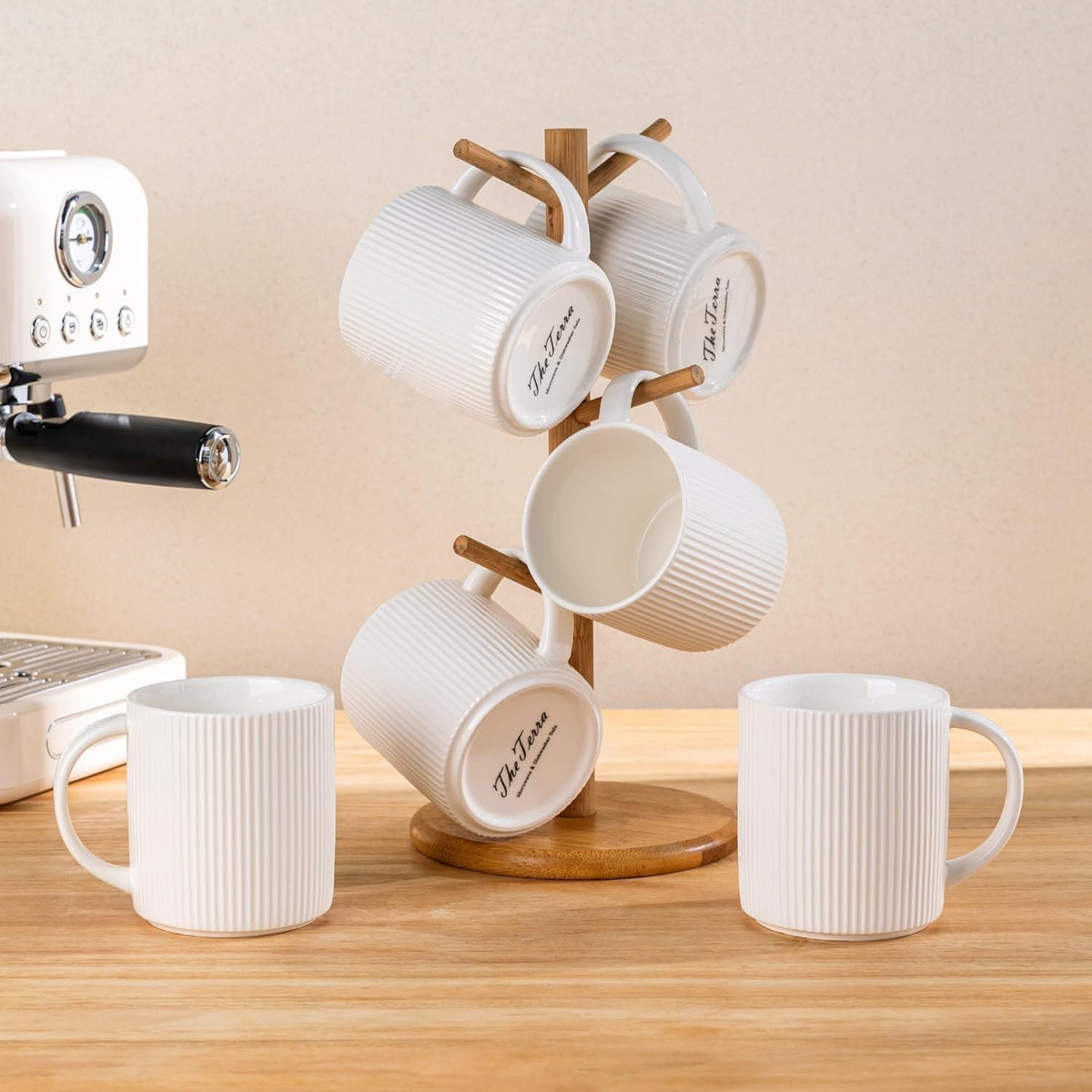 Theterra Ceramic Coffee Mugs Set of 6, 14.2oz Handmade Coffee Cups with Handle for Latte, Tea, Milk, Beer, Hot Cocoa, Bright White