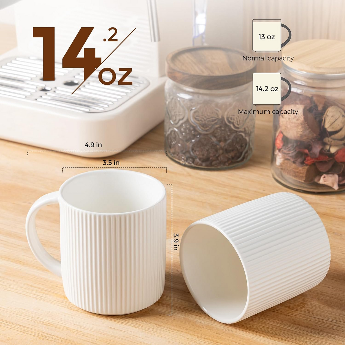 Theterra Ceramic Coffee Mugs Set of 6, 14.2oz Handmade Coffee Cups with Handle for Latte, Tea, Milk, Beer, Hot Cocoa, Bright White