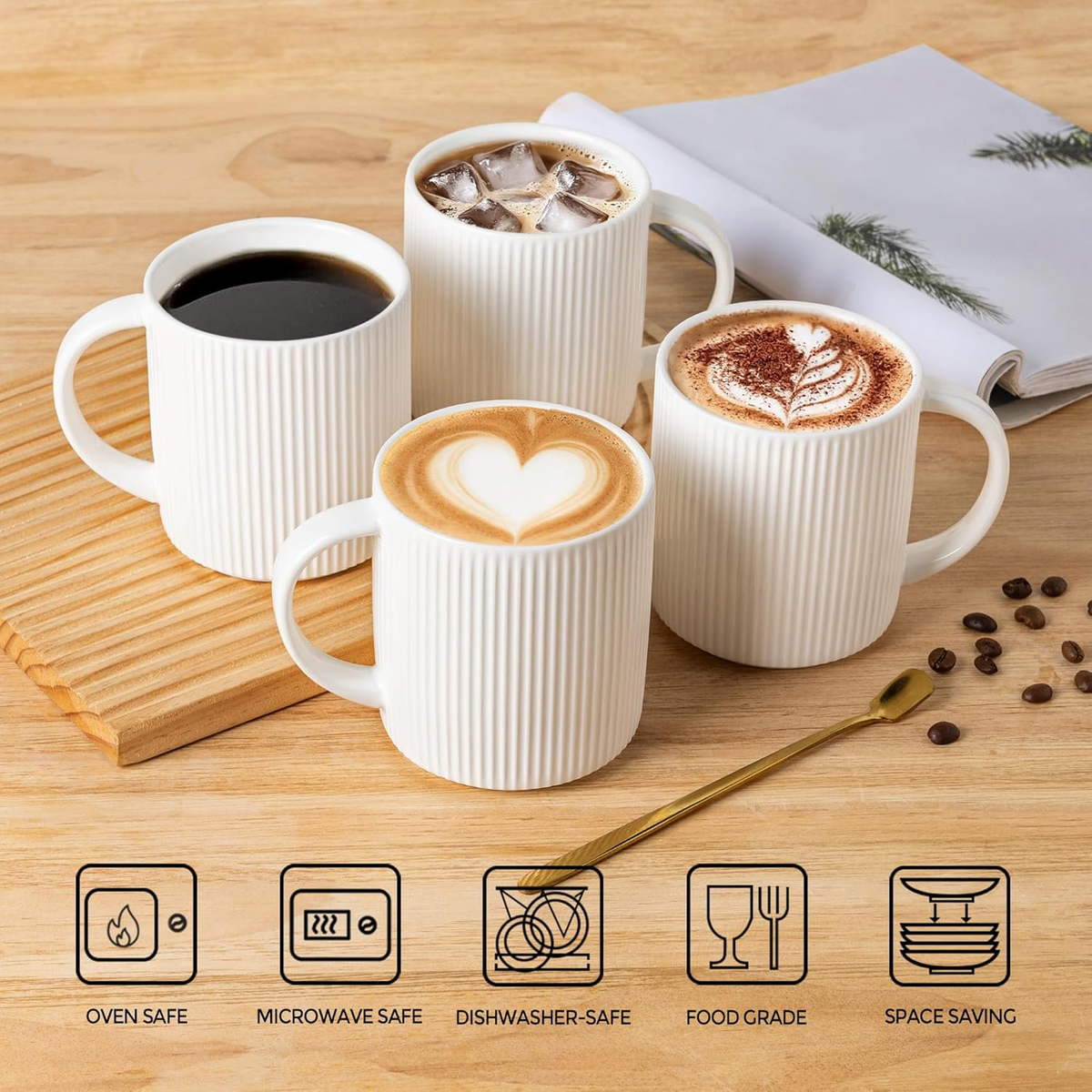 Theterra Ceramic Coffee Mugs Set of 6, 14.2oz Handmade Coffee Cups with Handle for Latte, Tea, Milk, Beer, Hot Cocoa, Bright White