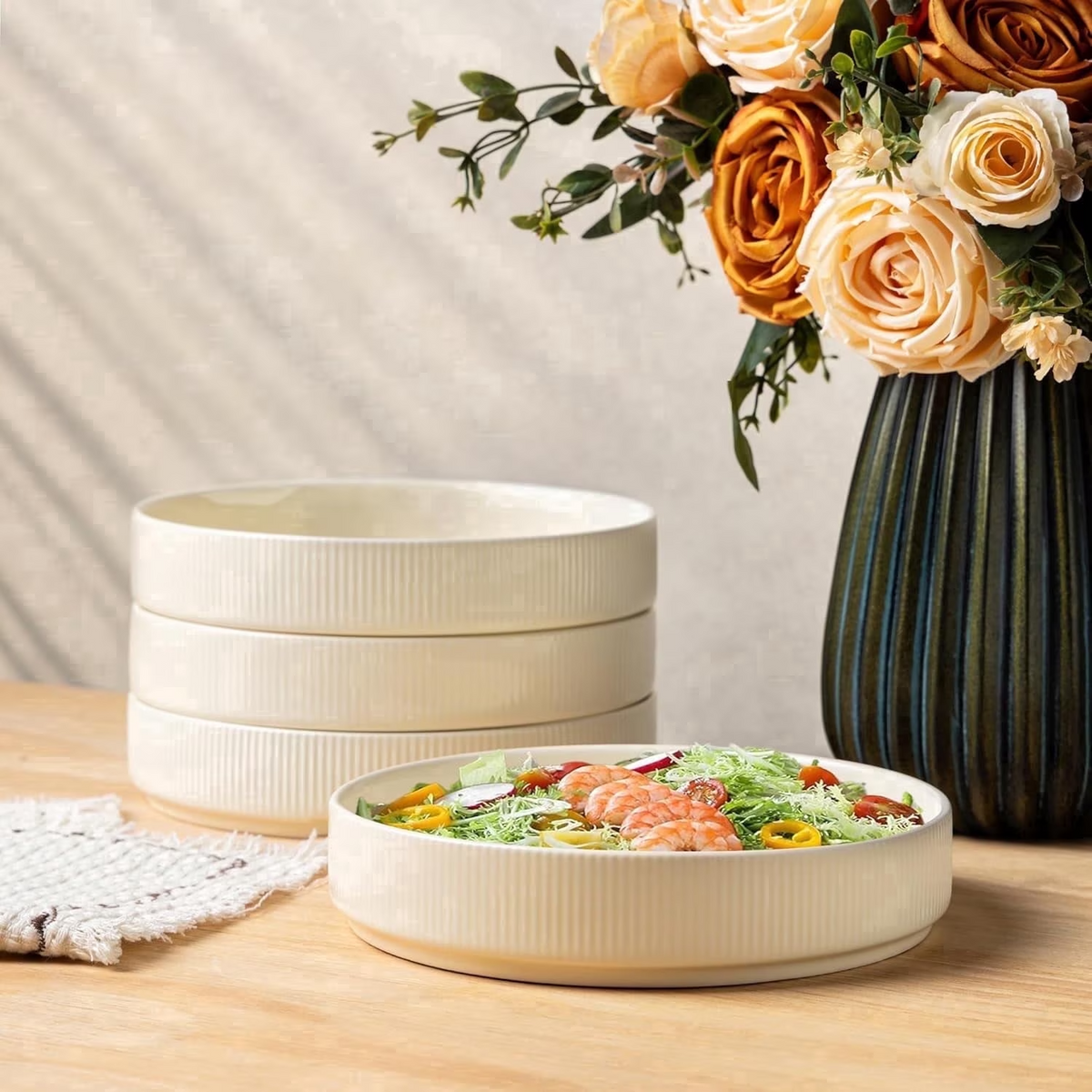 Theterra 7.5'' Ceramic Pasta Bowls, Salad Bowls Set of 4, Stoneware Serving Bowls for Fruits, Noodle, Dinner, House-warming Wedding Present, Beige