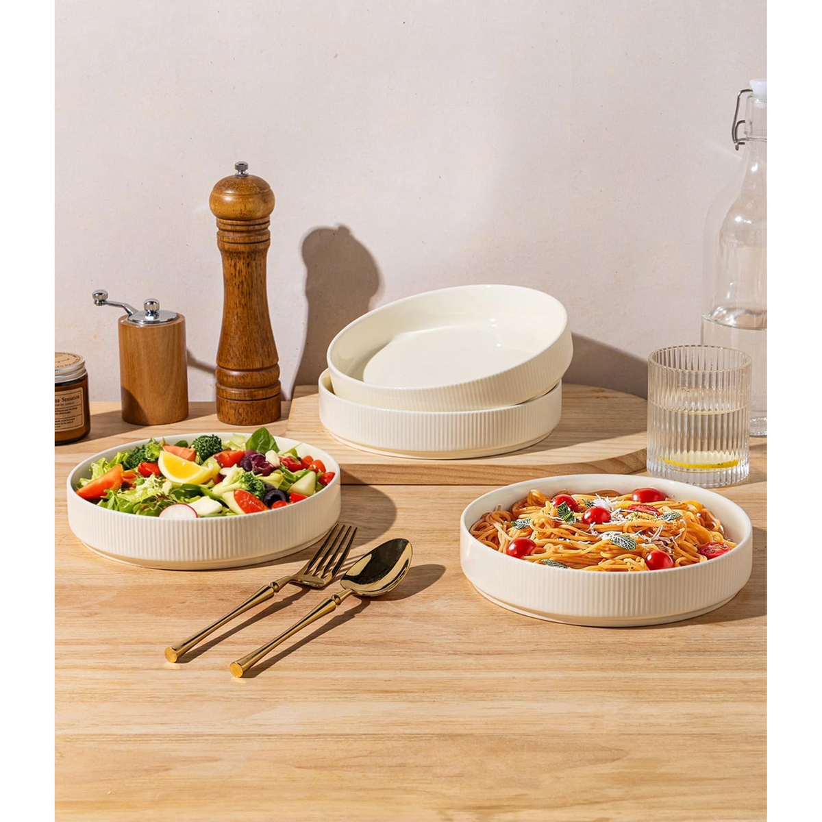 Theterra 7.5'' Ceramic Pasta Bowls, Salad Bowls Set of 4, Stoneware Serving Bowls for Fruits, Noodle, Dinner, House-warming Wedding Present, Beige