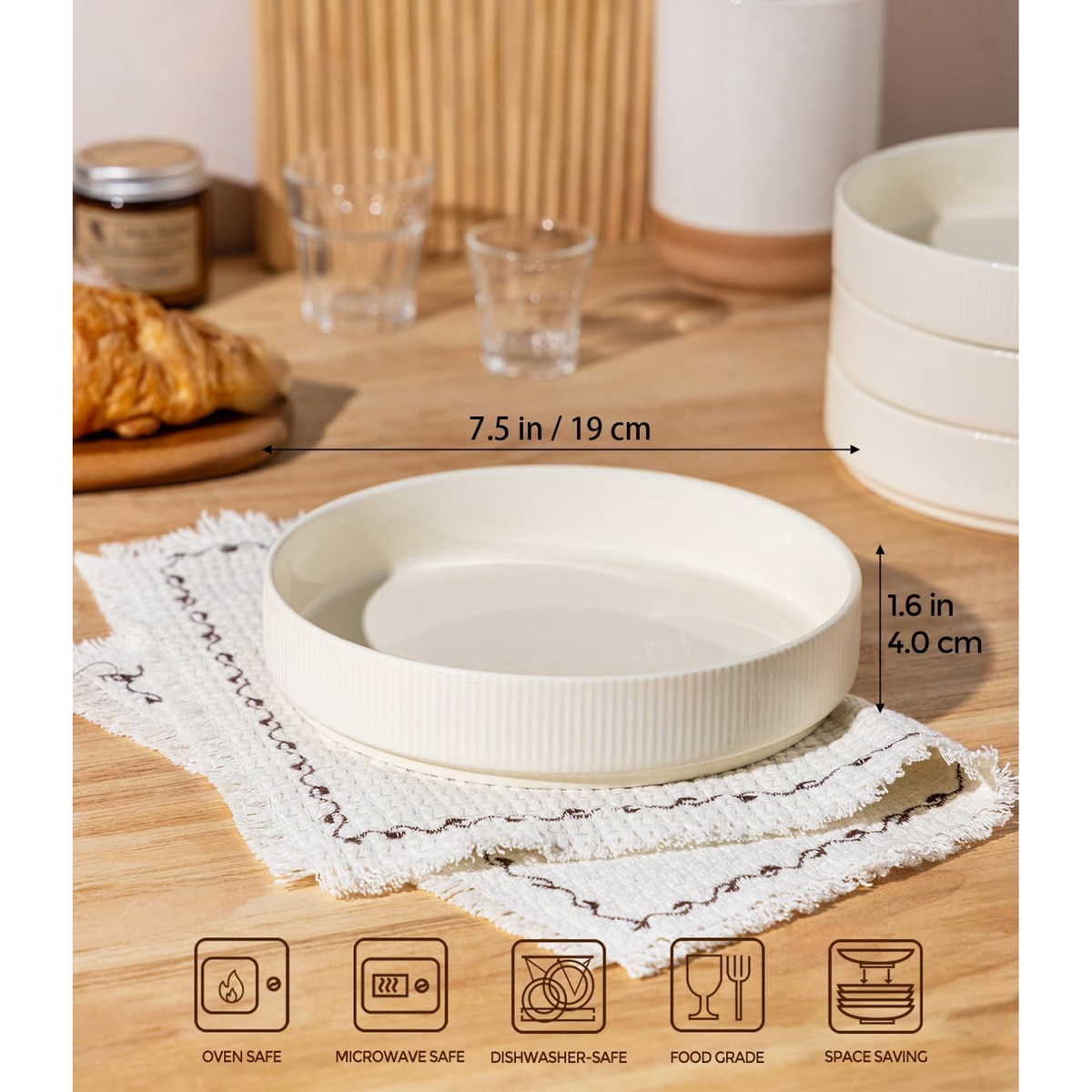 Theterra 7.5'' Ceramic Pasta Bowls, Salad Bowls Set of 4, Stoneware Serving Bowls for Fruits, Noodle, Dinner, House-warming Wedding Present, Beige