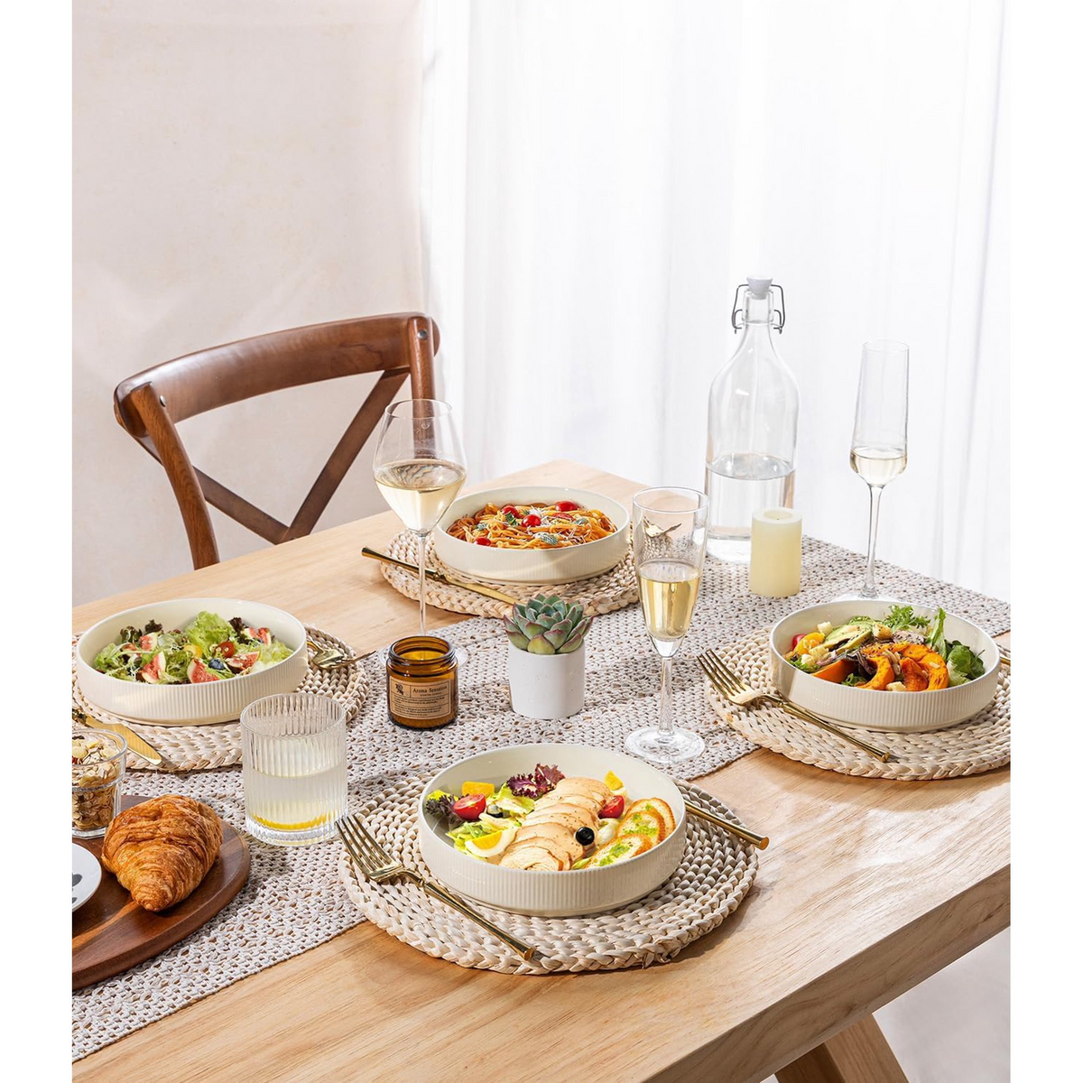 Theterra 7.5'' Ceramic Pasta Bowls, Salad Bowls Set of 4, Stoneware Serving Bowls for Fruits, Noodle, Dinner, House-warming Wedding Present, Beige