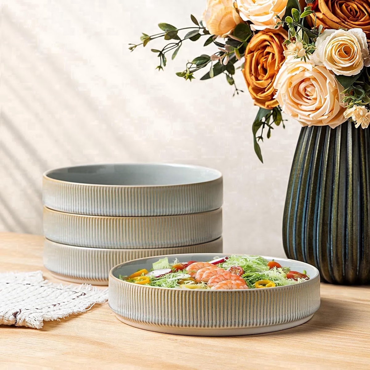 Theterra 7.5'' Ceramic Pasta Bowls, Salad Bowls Set of 4, Stoneware Serving Bowls for Fruits, Noodle, Dinner, House-warming Wedding Present, Desert Sage