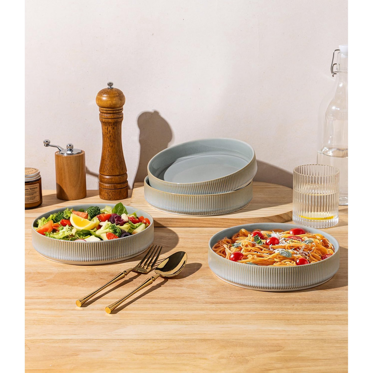 Theterra 7.5'' Ceramic Pasta Bowls, Salad Bowls Set of 4, Stoneware Serving Bowls for Fruits, Noodle, Dinner, House-warming Wedding Present, Desert Sage