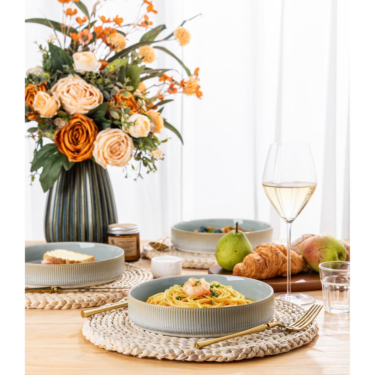 Theterra 7.5'' Ceramic Pasta Bowls, Salad Bowls Set of 4, Stoneware Serving Bowls for Fruits, Noodle, Dinner, House-warming Wedding Present, Desert Sage