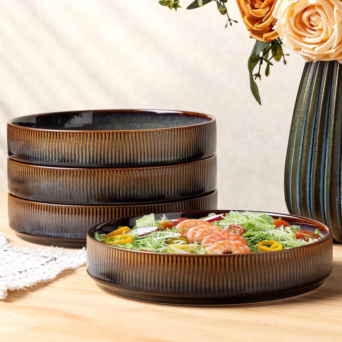 Theterra 7.5'' Ceramic Pasta Bowls, Salad Bowls Set of 4, Stoneware Serving Bowls for Fruits, Noodle, Dinner, House-warming Wedding Present, Coca Mocha