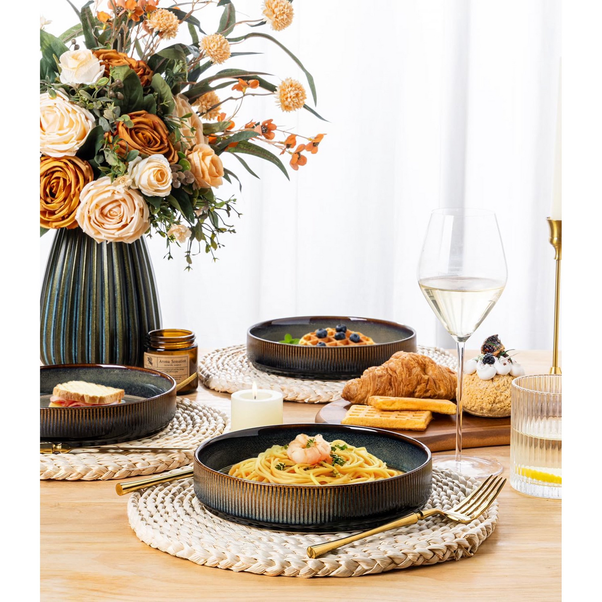 Theterra 7.5'' Ceramic Pasta Bowls, Salad Bowls Set of 4, Stoneware Serving Bowls for Fruits, Noodle, Dinner, House-warming Wedding Present, Coca Mocha