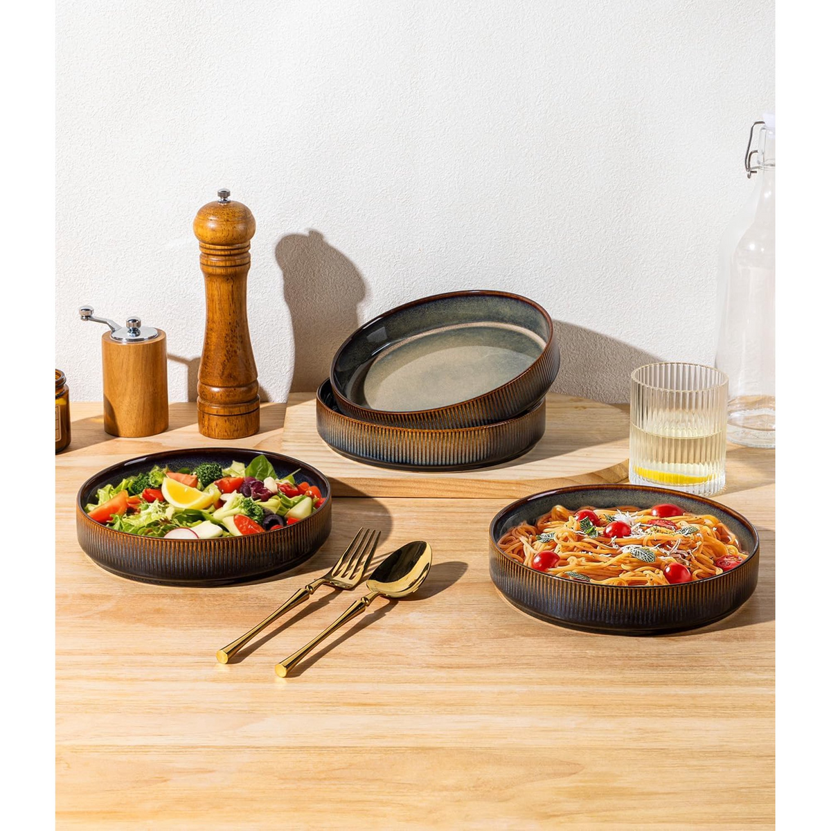 Theterra 7.5'' Ceramic Pasta Bowls, Salad Bowls Set of 4, Stoneware Serving Bowls for Fruits, Noodle, Dinner, House-warming Wedding Present, Coca Mocha