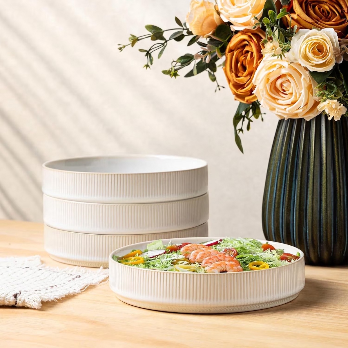 Theterra 7.5'' Ceramic Pasta Bowls, Salad Bowls Set of 4, Stoneware Serving Bowls for Fruits, Noodle, Dinner, House-warming Wedding Present, Reactive White