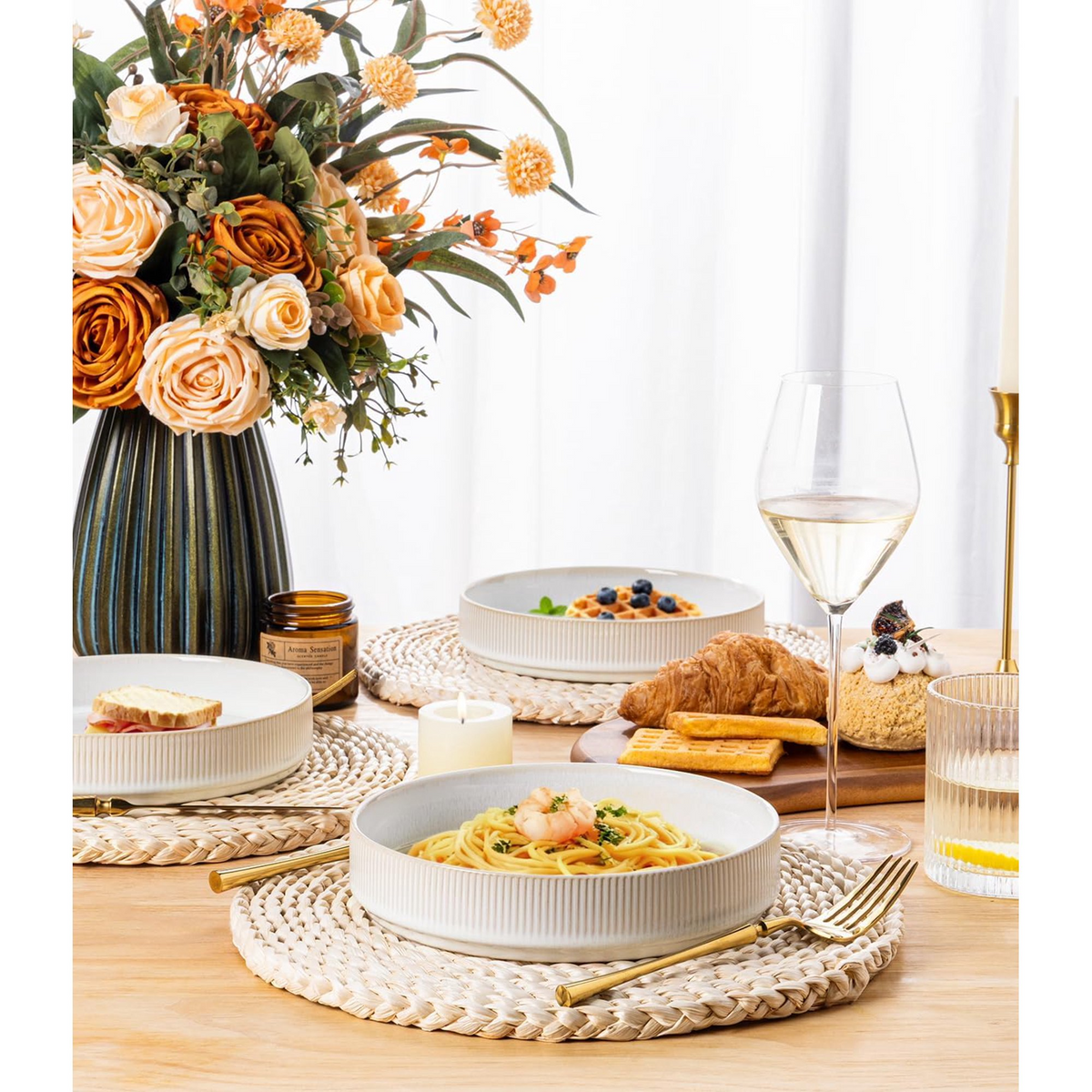 Theterra 7.5'' Ceramic Pasta Bowls, Salad Bowls Set of 4, Stoneware Serving Bowls for Fruits, Noodle, Dinner, House-warming Wedding Present, Reactive White