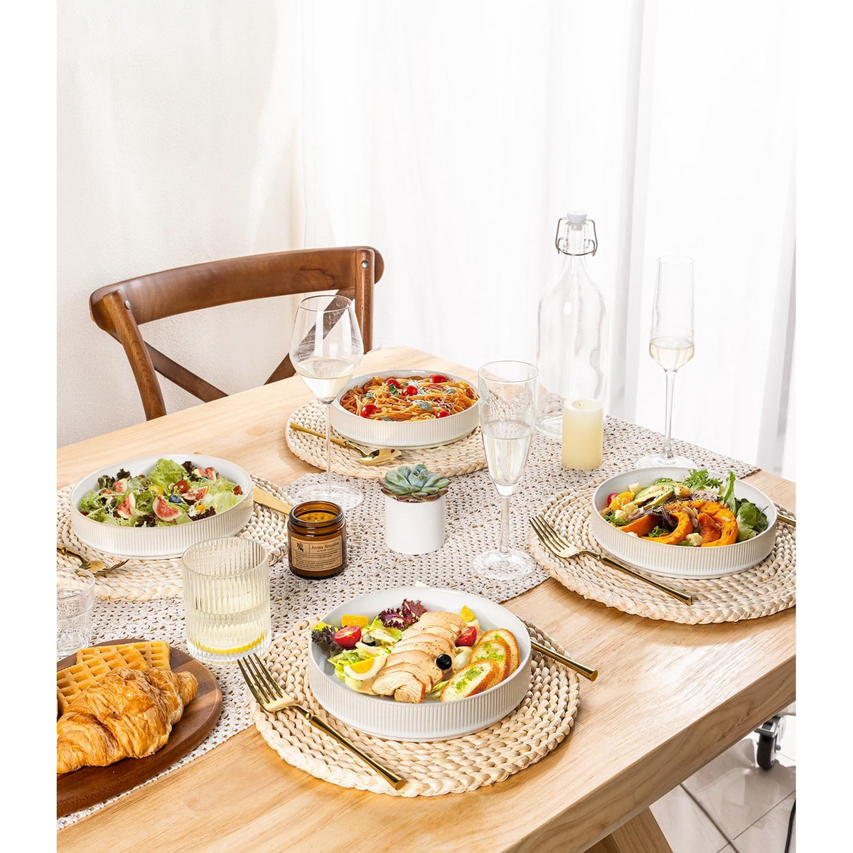 Theterra 7.5'' Ceramic Pasta Bowls, Salad Bowls Set of 4, Stoneware Serving Bowls for Fruits, Noodle, Dinner, House-warming Wedding Present, Reactive White